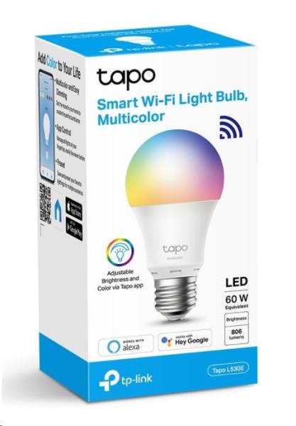 TP-Link Tapo L530E chytrá WiFi stmívatelná LED žárovka (barevná, 2500K-6500K, 806lm, 2, 4GHz, E27)1