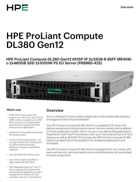 HPE PL DL380g12 6520P (2.4/ 24C) 2x32G (p69727) MR416i-o 8SFF 2x1000W 2p10G PFans NBD333 Smart Choice8