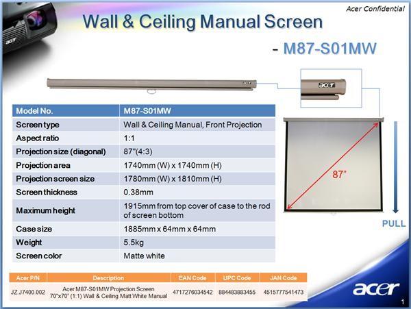 ACER Projekční plátno M87-S01MW,  70x70" Wall & Ceiling Matt White,  Manual Projection Screen
