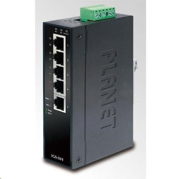 Planet switch IGS-501T,  průmysl.verze 5x10/ 100/ 1000,  DIN,  IP30,  -40 až 75°C,  12-48V,  ESD+EFT