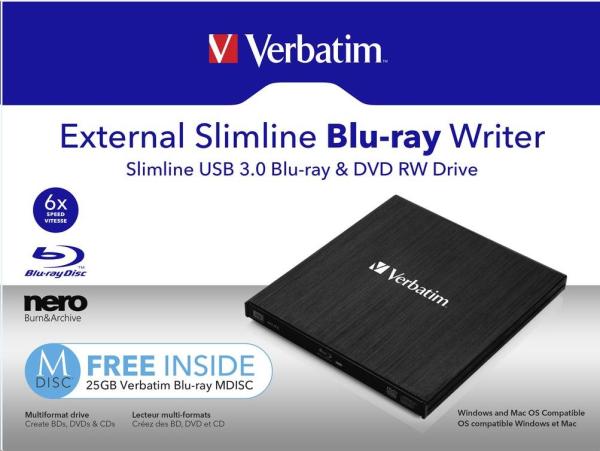 VERBATIM Slimline Blu-ray Rewriter USB 3.0 Bezplatný BR disk 25 GB (CD DVD BD Mdisc)5