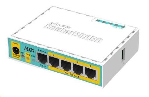 MikroTik RouterBOARD hEX PoE Lite,  650MHz CPU,  64MB RAM,  5x LAN,  USB,  PoE,  1x USB,  vrátane. Licencia L4