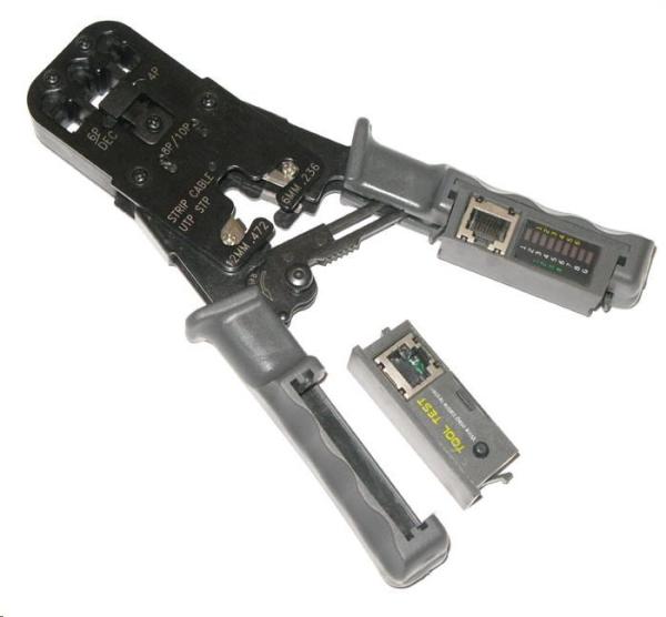 Kleště krimpovací PROFI+ s ráčnou pro konektory RJ11,  RJ12,  RJ45 s testerem a LED indikací