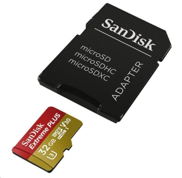 Karta SanDisk MicroSDHC 32GB Extreme PLUS (10MB/ s,  UHS-I V30,  Rescue Pro Deluxe) + adaptér1