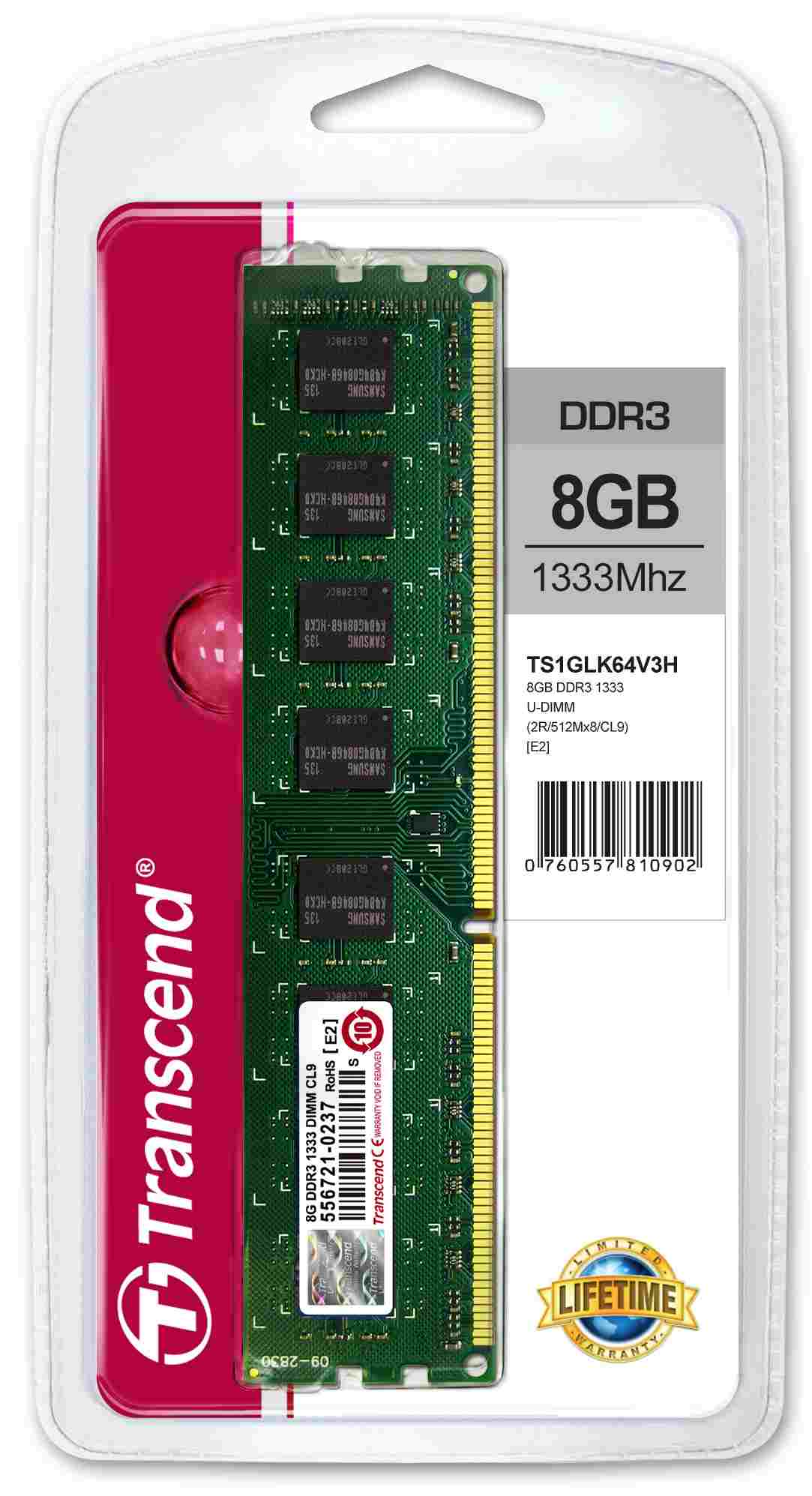 TRANSCEND 2Rx8 CL9 DDR3 8GB 1333MHz DIMM1 