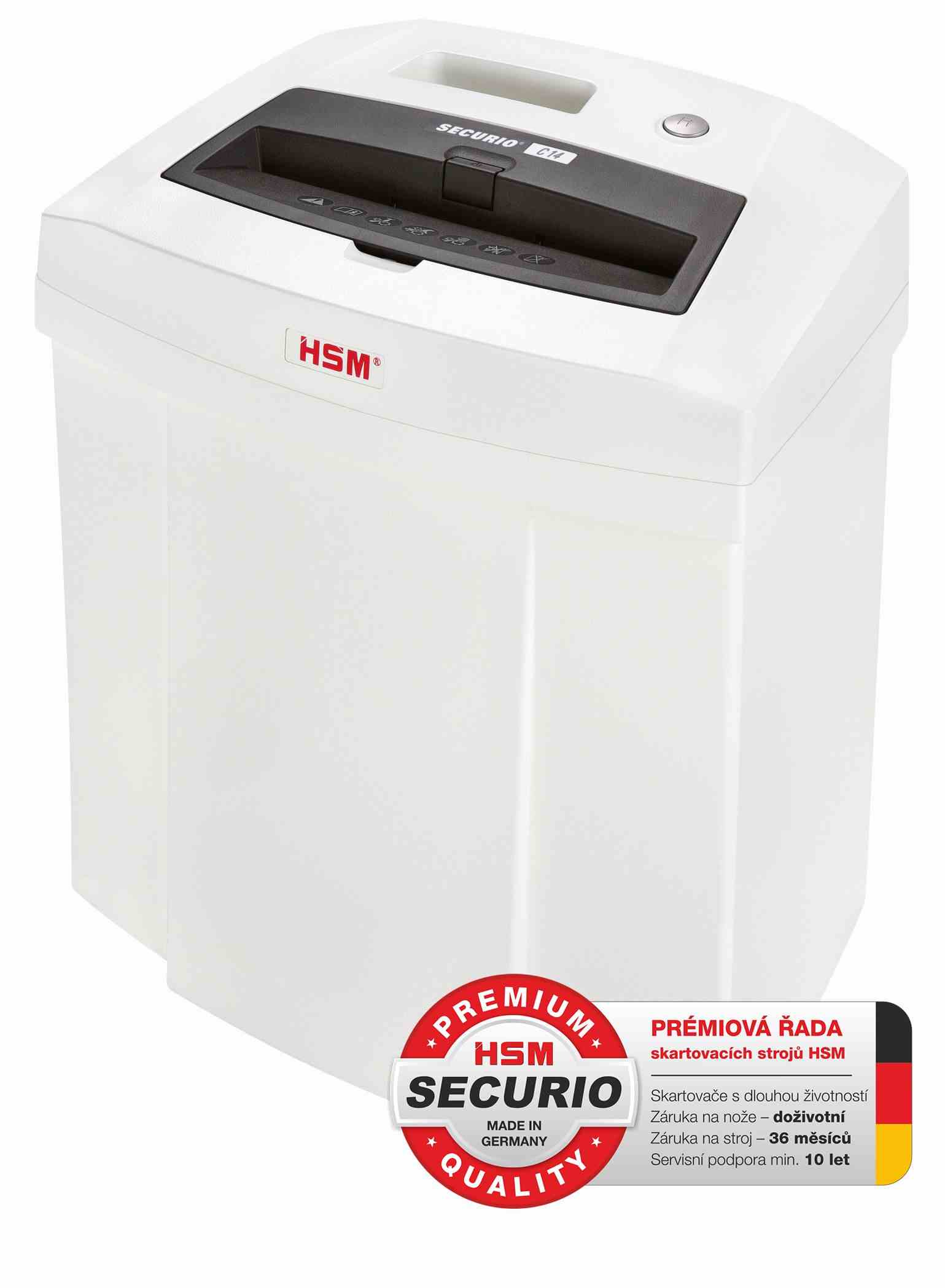 Skartovač HSM Securio C14 (rez: pozdĺžny 3.9 mm | Vstup: 225 mm | DIN: P-2 (2) | papier,  sponky,  plast. karty )0 