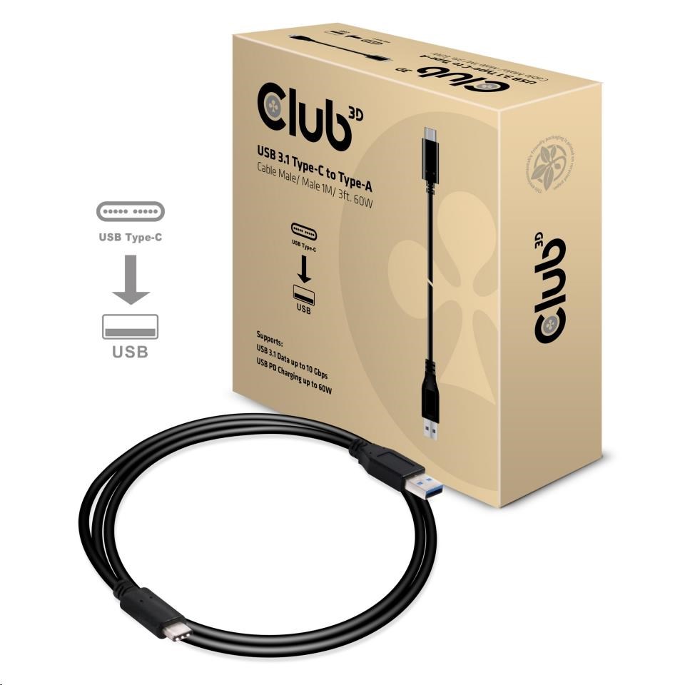 Kábel USB Club3D 3.1 Type-C na USB 3.1 Typ A,  10Gbps Power Delivery 60W (M/ M),  1m2 