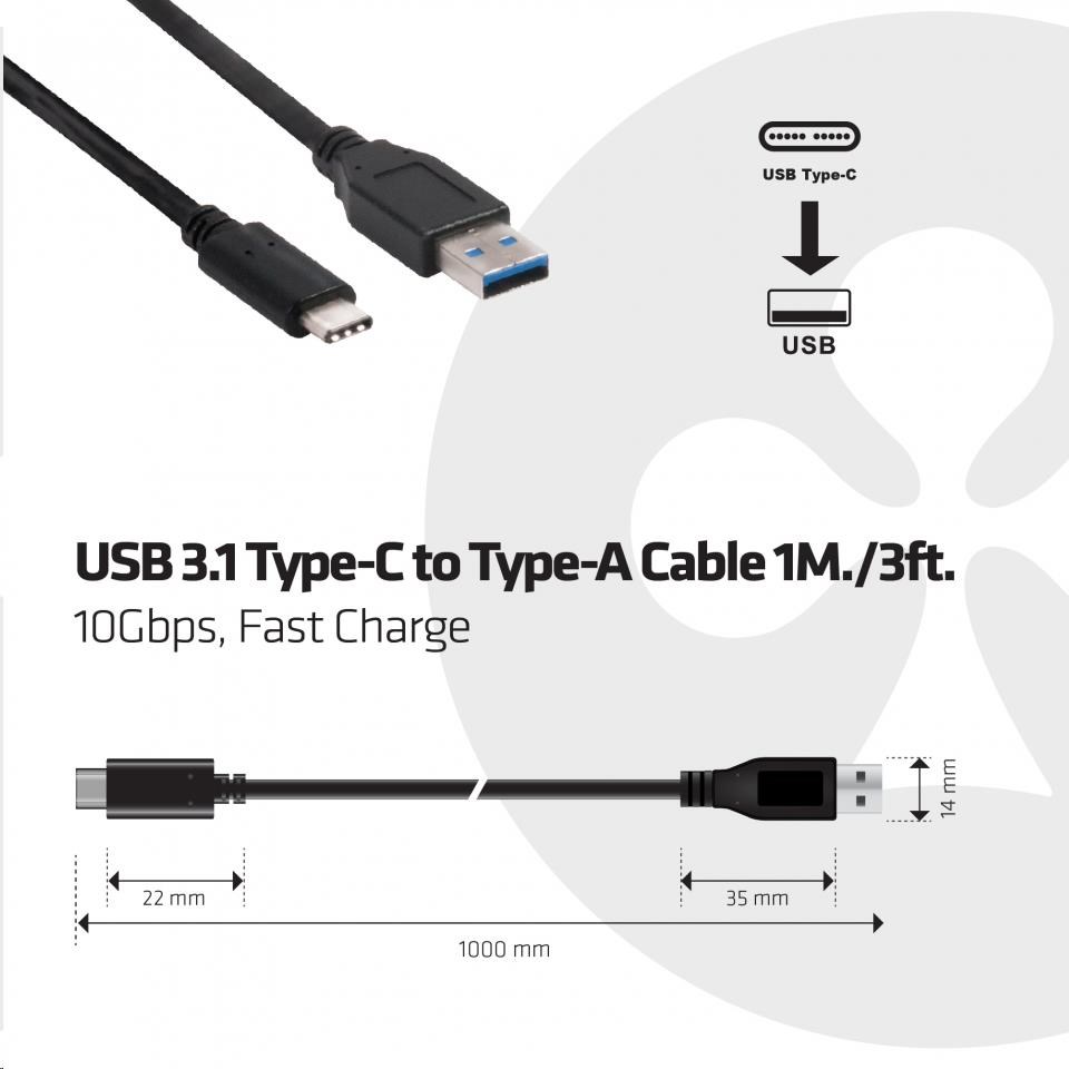 Kábel USB Club3D 3.1 Type-C na USB 3.1 Typ A,  10Gbps Power Delivery 60W (M/ M),  1m4 
