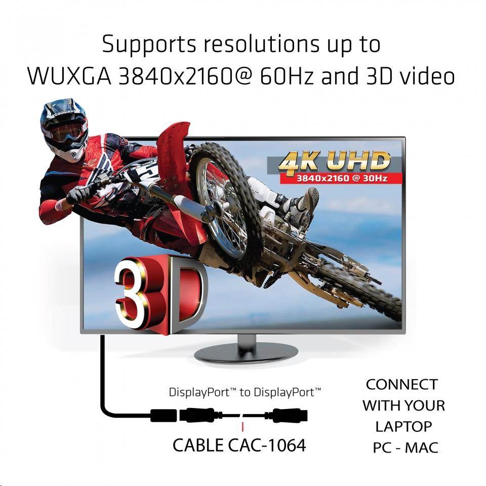 Club3D Kabel certifikovaný DisplayPort 1.2,  4K60Hz UHD (M/ M),  3m,  30 AWG1 