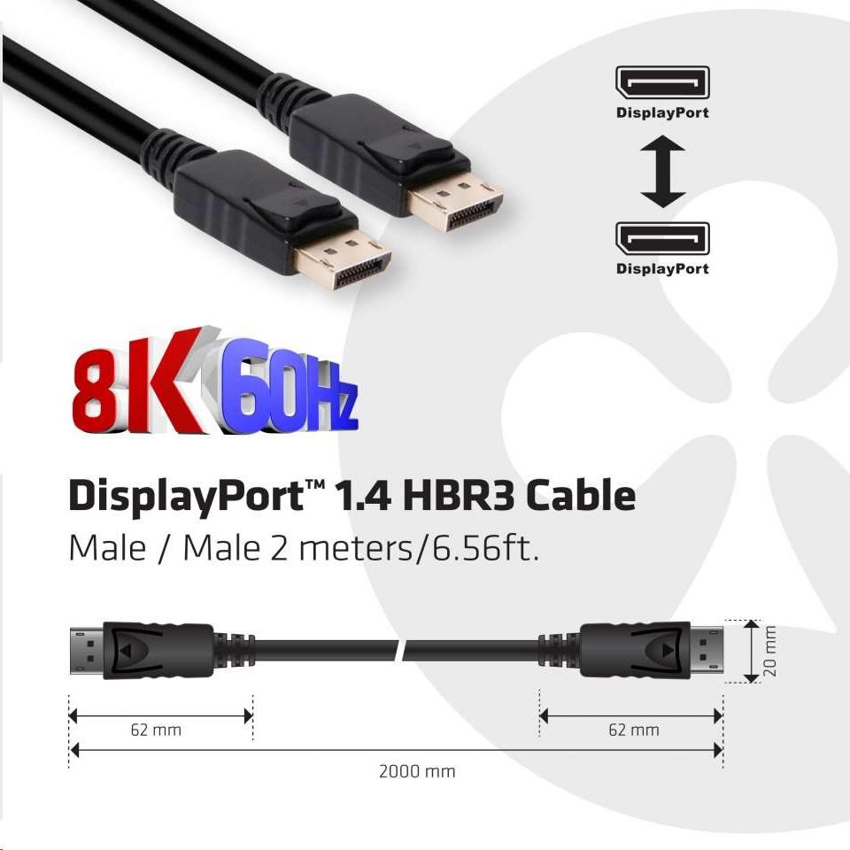Club3D DisplayPort kábel 1.4 HBR3 8K60Hz (M/ M),  2m5 