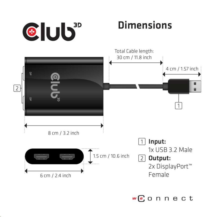 Club3D adaptér USB A na 2xHDMI 2.0 Duálny monitor 4K 60 Hz (M/ F)7 
