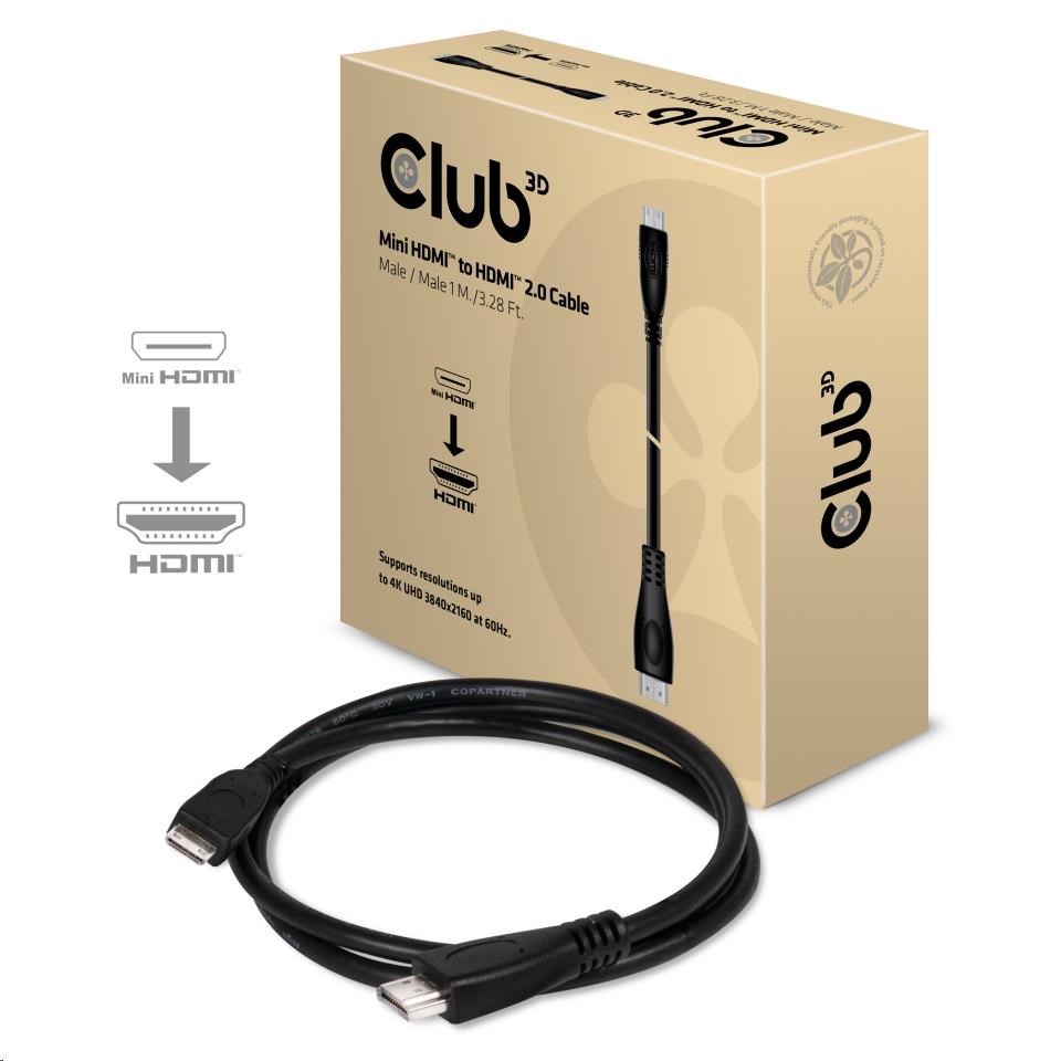Kábel Club3D Mini HDMI na HDMI 2.0 4K60Hz UHD,  (M/ M),  1m2 