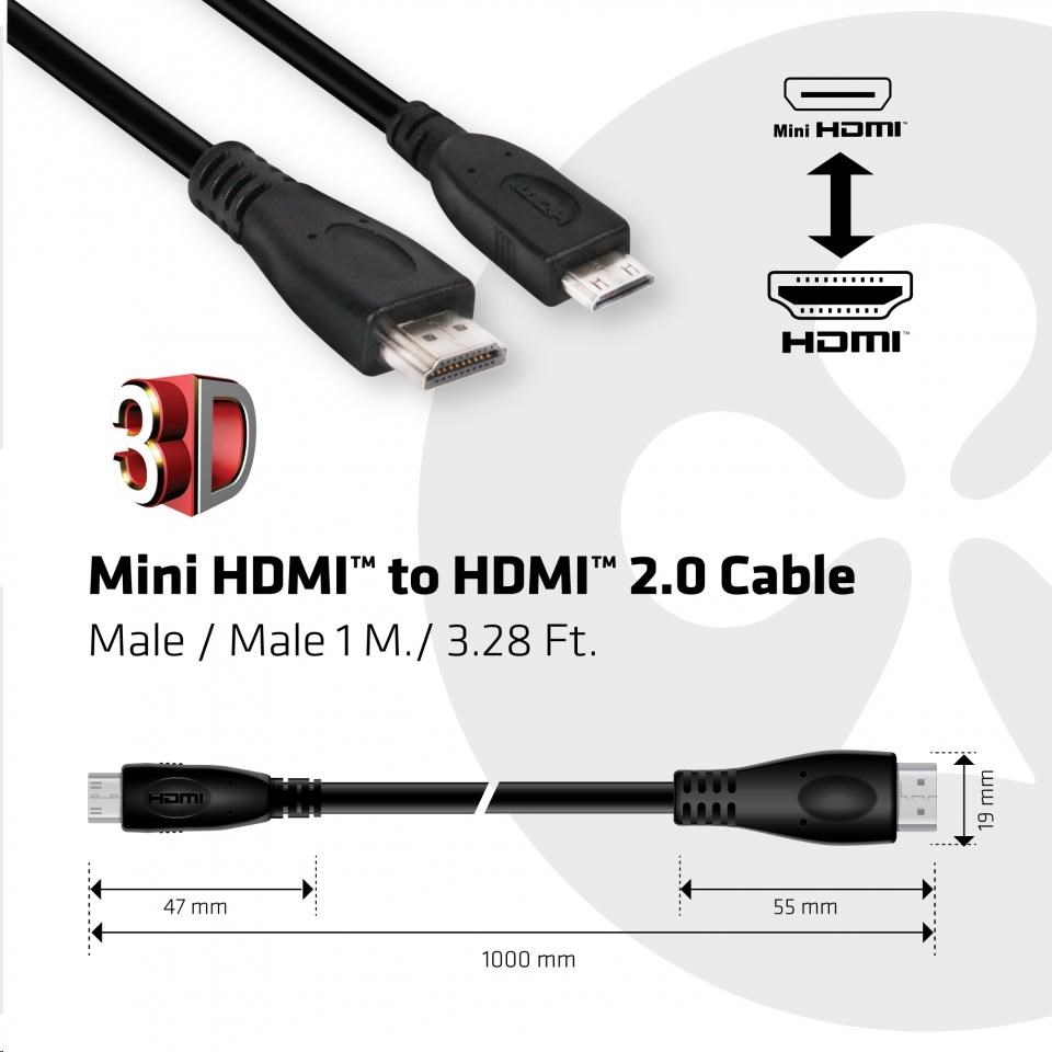 Kábel Club3D Mini HDMI na HDMI 2.0 4K60Hz UHD,  (M/ M),  1m0 