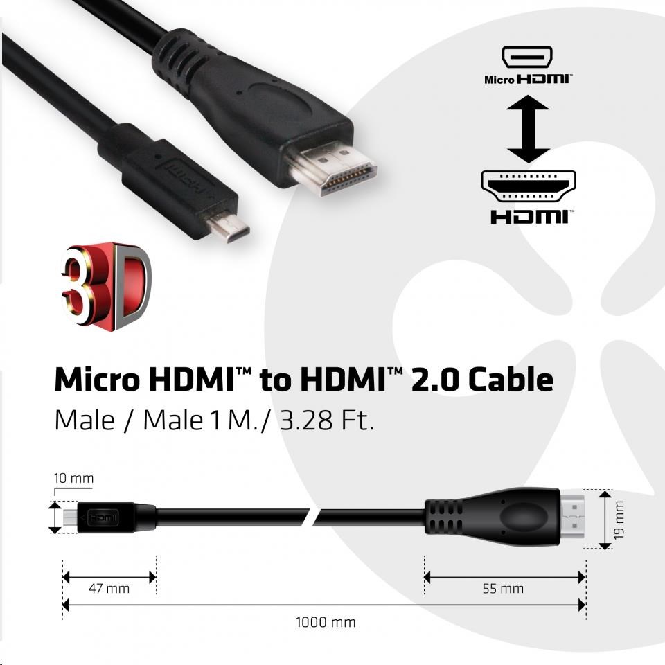 Club3D Micro HDMI na HDMI 2.0 4K60Hz UHD,  (M/ M),  1m0 
