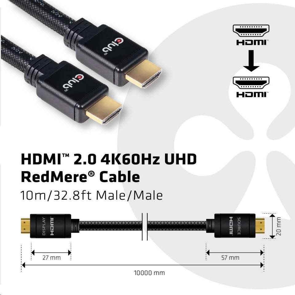 Kábel HDMI Club3D 2.0 aktívny,  vysokorýchlostný 4K UHD,  Redmere (M/ M),  10 m,  28 AWG1 