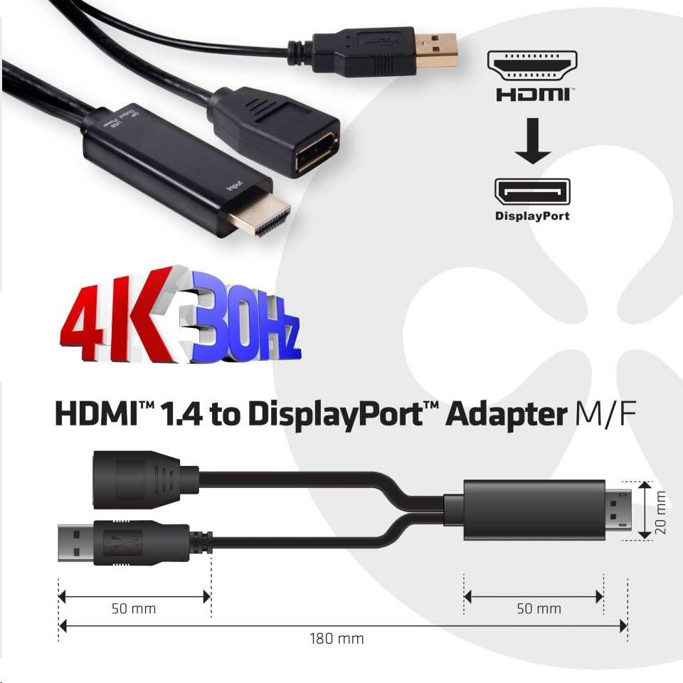 Adaptér HDMI Club3D 1.4 na DisplayPort 1.1 (M/F), napájanie USB, 18 cm1 