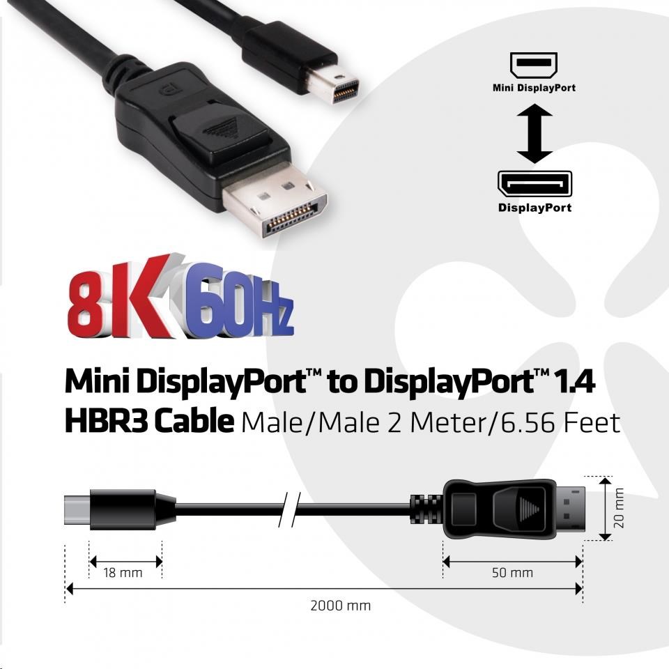 Club3D Adaptér mini DisplayPort 1.4 na DisplayPort 1.4,  HBR3 8K60Hz/ 4K120Hz (M/ M),  2m2 