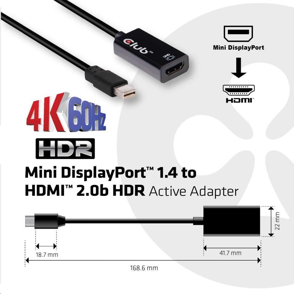 Club3D Adaptér aktívny mini DisplayPort 1.4 na HDMI 2.0b,  HDR (M/ F),  16cm2 