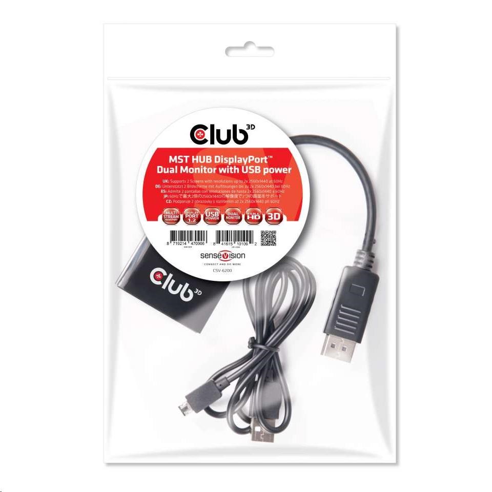 Club3D Video hub MST (Multi Stream Transport) DisplayPort na 2x DisplayPort,  napájanie USB3 