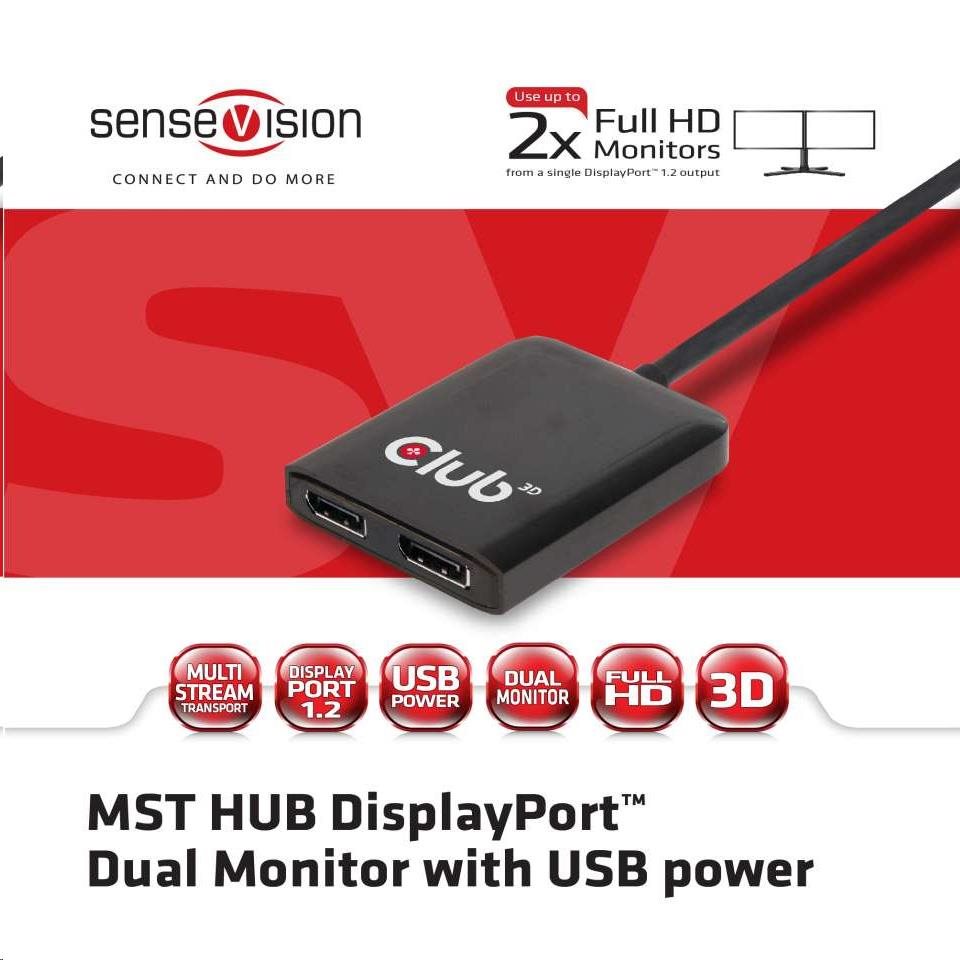 Club3D Video hub MST (Multi Stream Transport) DisplayPort na 2x DisplayPort,  napájanie USB8 