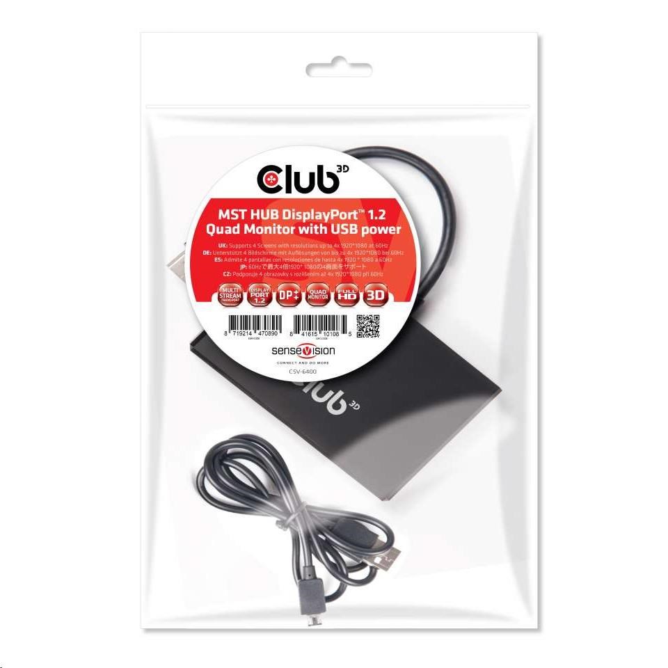 Club3D Video hub MST (Multi Stream Transport) DisplayPort na 4x DisplayPort,  napájanie USB3 