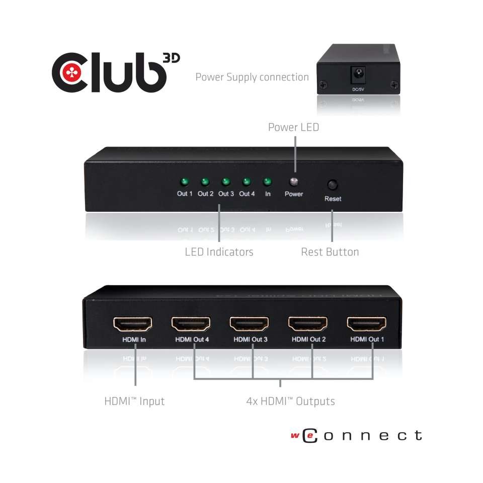 Club3D Rozdeľovač videa 1:4 HDMI 2.0 4K60Hz UHD,  4 porty2 