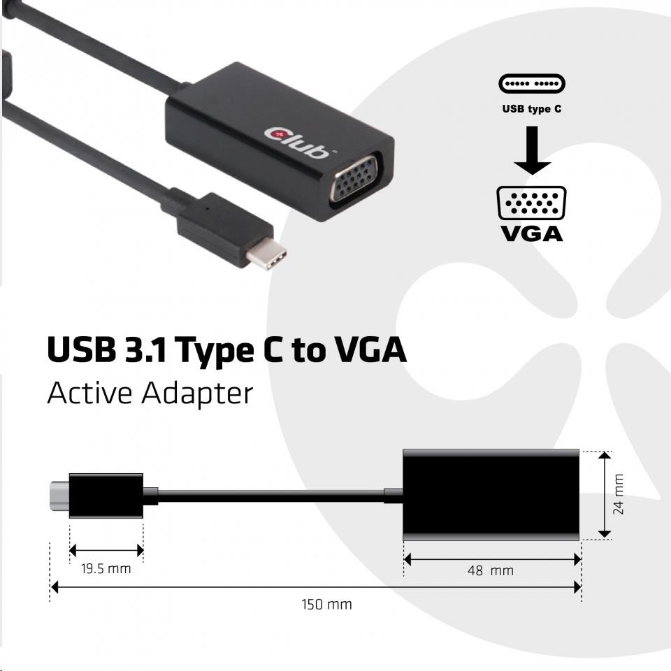 Aktívny USB adaptér Club3D 3.1 typ C na VGA (M/ F),  15 cm1 