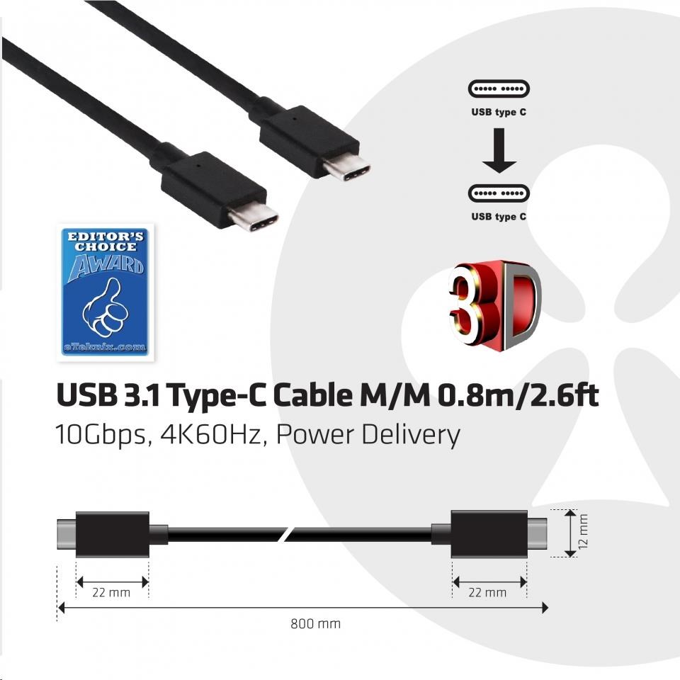 Club3D Kabel USB 3.1 typ C Gen2 4K60Hz UHD Power Delivery 100W,  (M/ M),  80cm1 