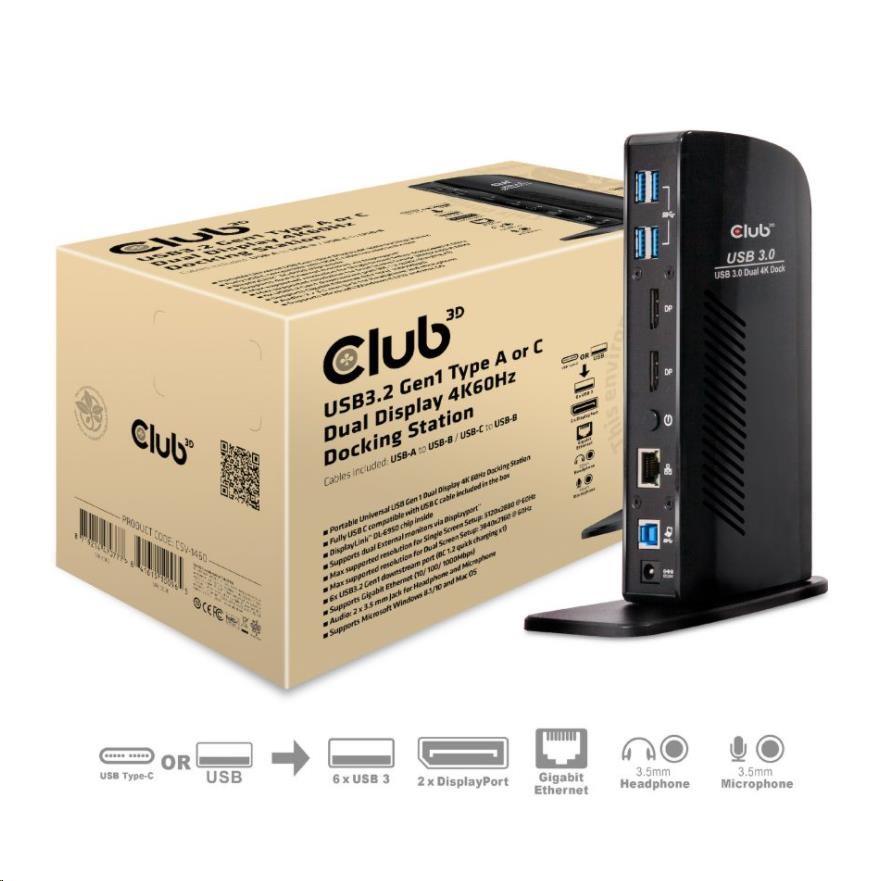 Club3D USB-A a USB-C Dual Display 4K60Hz Dokovacia stanica (6x USB 3.0/ 2x DP/ Ethernet/ USB-B/ 2x audio)1 