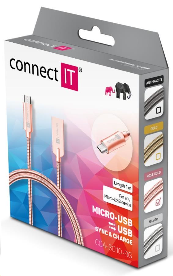 CONNECT IT Wirez Steel Knight Micro USB - USB,  kovová ružovo-zlatá farba,  1 m3 