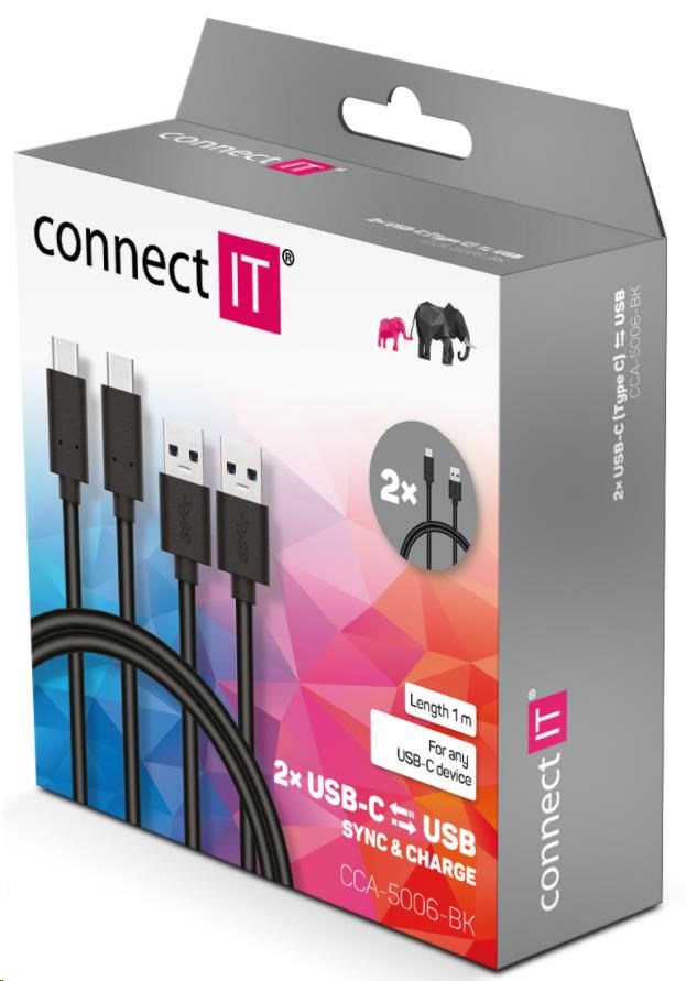 CONNECT IT Wirez USB-C (typ C) -> USB-A,  USB 3.1 Gen 1,  čierna,  1 m (2 ks v balení)1 