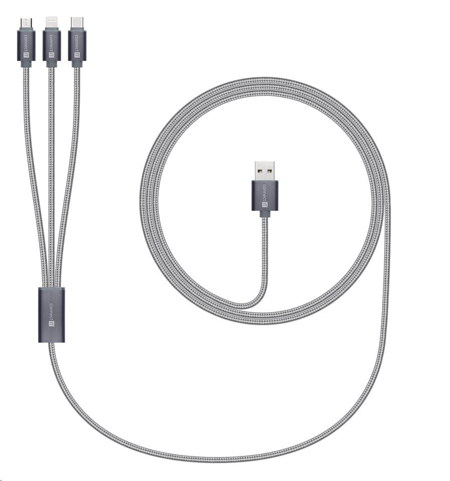 CONNECT IT Wirez 3v1 USB-C & Micro USB & Lightning,  strieborná sivá,  1, 2 m1 