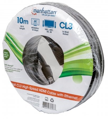 MANHATTAN Nástenný vysokorýchlostný kábel CL3 HDMI s Ethernetom,  HEC,  ARC,  3D,  4K,  tienený,  10 m,  čierny5 