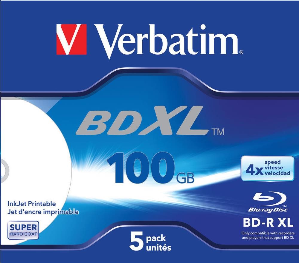 VERBATIM BD-R XL (5-pack)Blu-Ray/ Jewel/ DL/ 4x/ 100GB/  ŠIROKÝ BIELY INKJETOVÝ TLAČIVÝ POVRCH0 