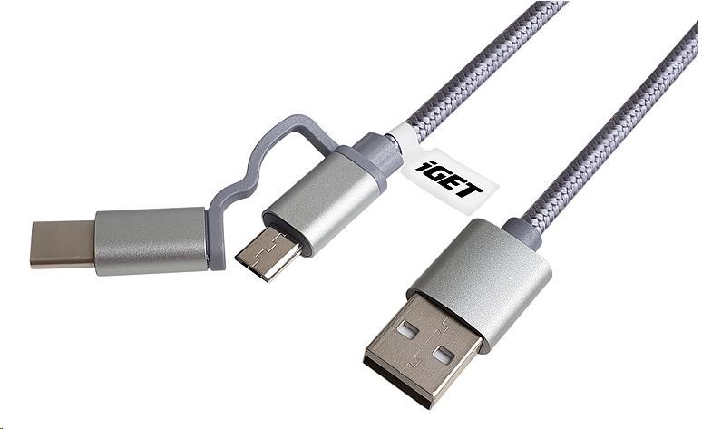 iGET G2V1 USB kábel 2v1,  1 m,  strieborný,  microUSB a USB-C,  predĺžené konce3 