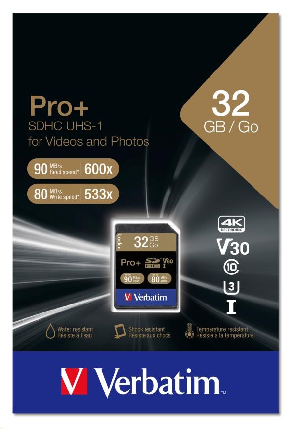 Karta VERBATIM SDHC 32GB PRO+ Class 10,  UHS-1 (R:90/ W:80 MB/ s)1 