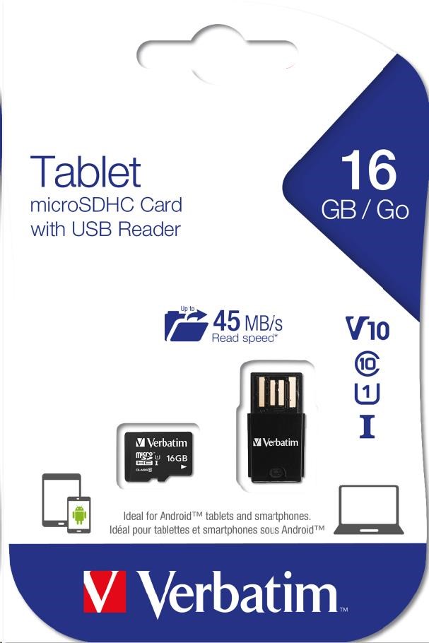 VERBATIM Tablet microSDHC C10/U1 s USB čítačkou 16GB (R:45MB/s, W:10MB/s)1 