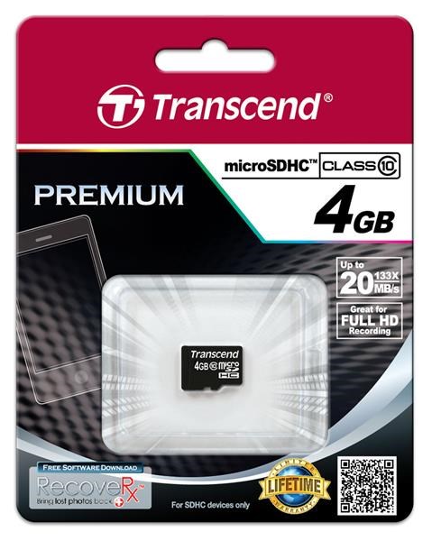 Karta TRANSCEND MicroSDHC 4 GB triedy 10,  bez adaptéra1 