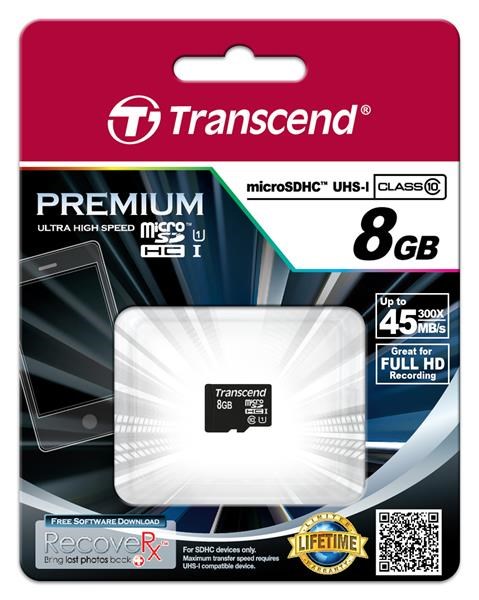 TRANSCEND MicroSDHC 8GB Premium,  Class 10 UHS-I 300x,  bez adaptéra1 