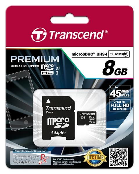 Karta TRANSCEND MicroSDHC 8GB Premium,  Class 10 UHS-I 300x + adaptér2 