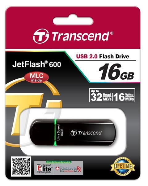 TRANSCEND Flash disk 16GB JetFlash®600,  USB 2.0 (R:32/ W:16 MB/ s) čierna/ zelená2 