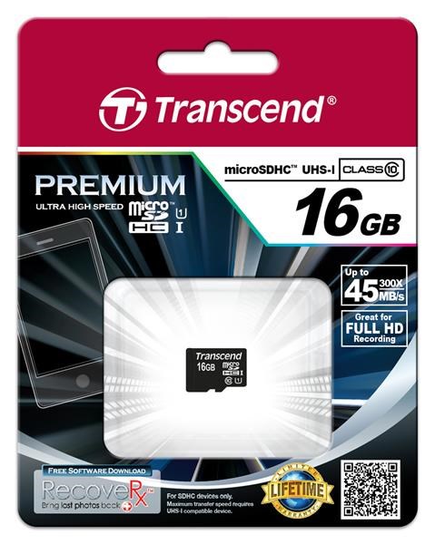 Karta TRANSCEND MicroSDHC 16GB Premium,  Class 10 UHS-I 300x,  bez adaptéra1 