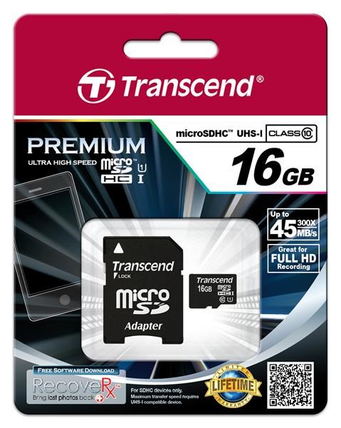 Karta TRANSCEND MicroSDHC 16GB Premium,  Class 10 UHS-I 300x + adaptér0 