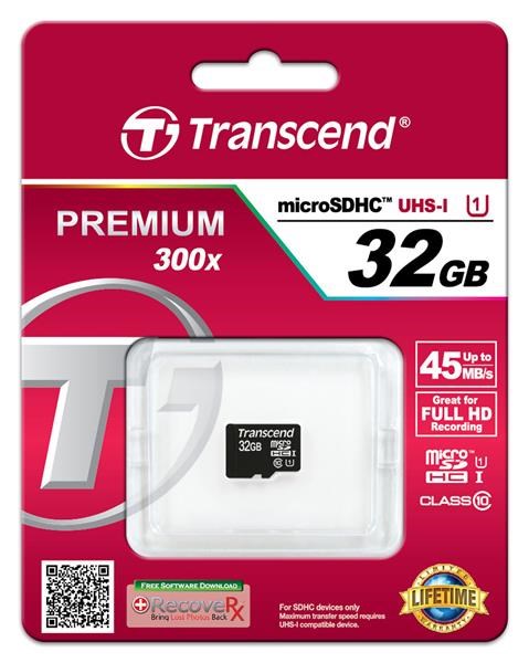 Karta TRANSCEND MicroSDHC 32GB Premium,  Class 10 UHS-I 300x,  bez adaptéra1 