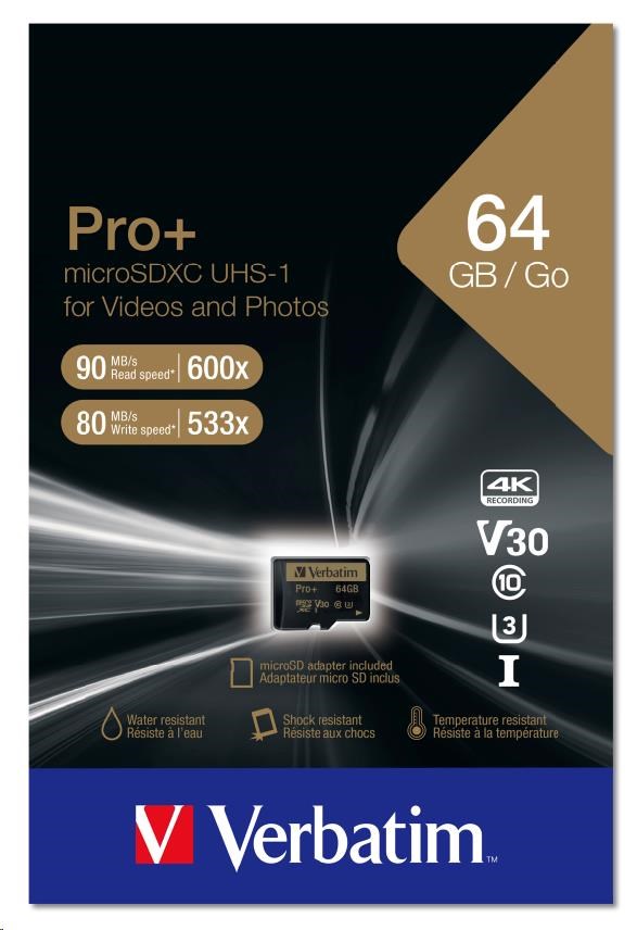 Karta VERBATIM MicroSDXC 64GB PRO+ Class 10,  UHS 1 (R:90/ W:80 MB/ s)2 