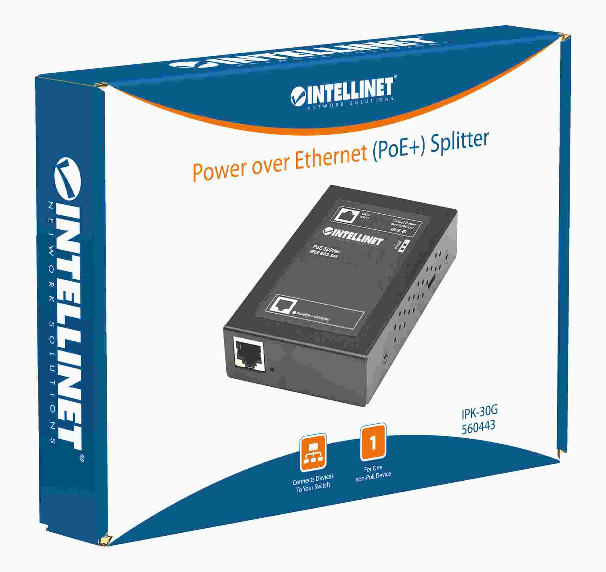 Intellinet 1-portový rozdeľovač PoE+ Power over Ethernet,  802.3at/ af3 