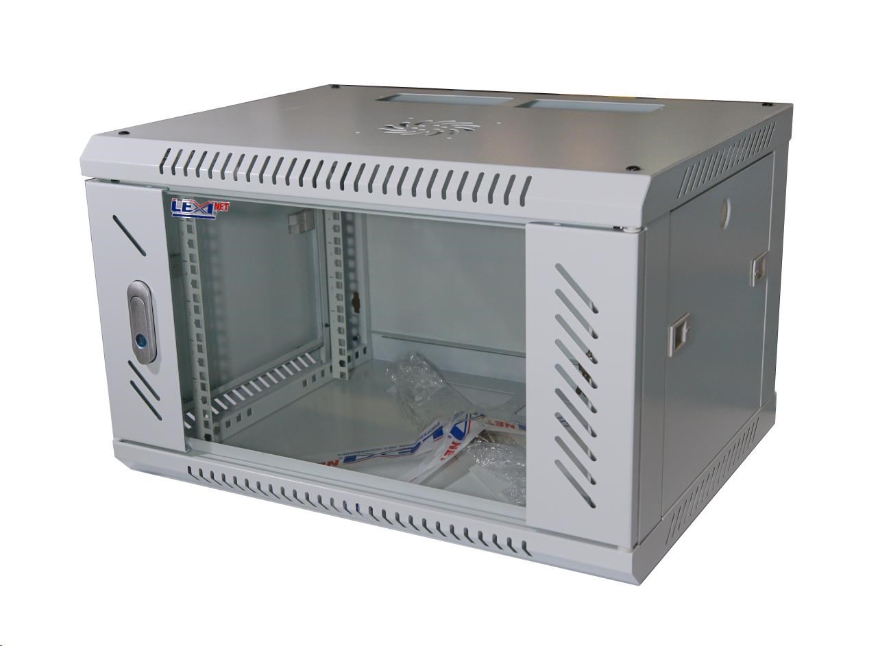 LEXI-Net 19" nástěnný rozvaděč 6U 600x450, nosnost 60 kg, skleněné dveře, rozložený, šedý