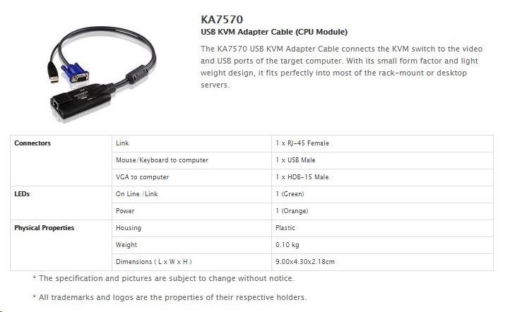 Prepínací kábel ATEN KMV KA-7570 CPU modul USB pre KH1508/ 1516/ 2508/ 2516,  KL1508/ 15160 