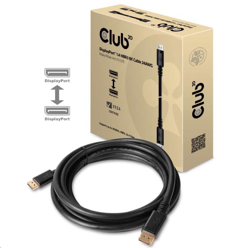 Club3D Kabel certifikovaný DisplayPort 1.4 HBR3,  8K60Hz (M/ M),  černé koncovky,  4m,  24 AWG4 