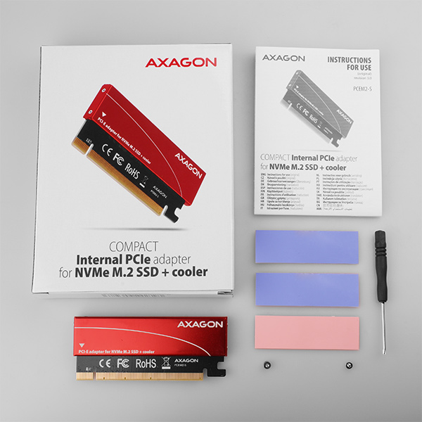 AXAGON PCEM2-S,  PCIe x16 - M.2 NVMe M-key slot adaptér,  kovový kryt pre pasívne chladenie3 